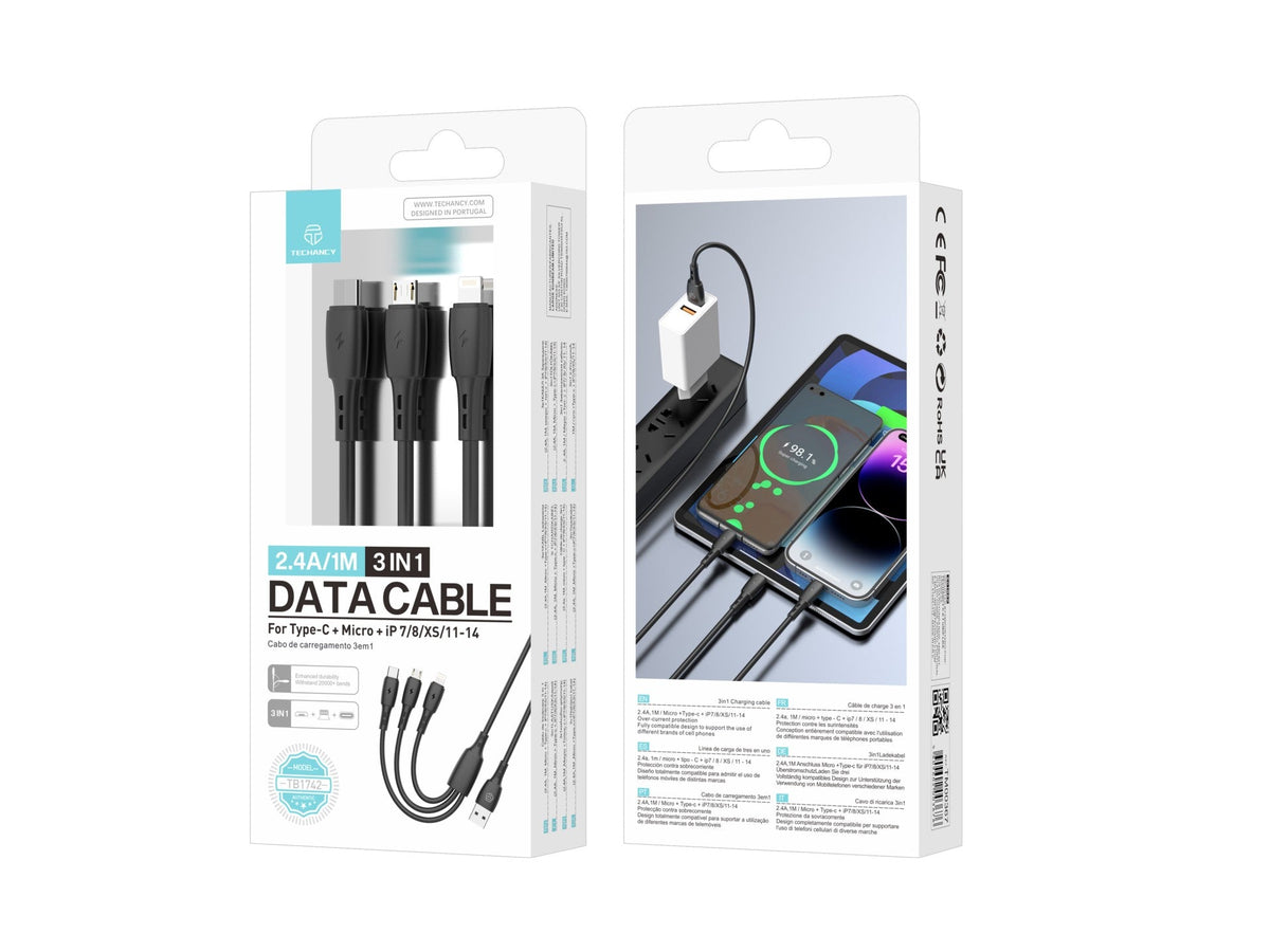 Techancy Cabo 3 em 1 TB1742, 2.4A, 1m Preto, USB-C/Micro/Lightning, CompatIvel com Dispositivos Diversos, Design Resistente-3