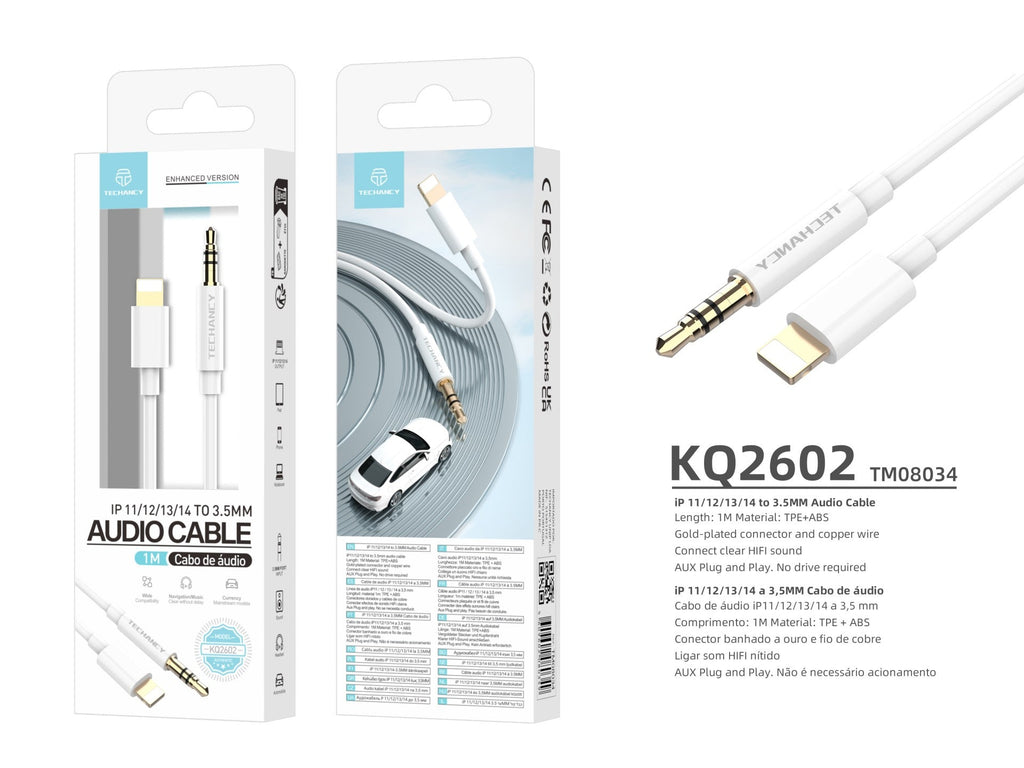 Techancy Cabo Áudio Aux Automotive  KQ2602, Iph8/X/11-14 Para 3,5 Mm, 1 Metro, Qualidade De Som Hifi,Branco-2