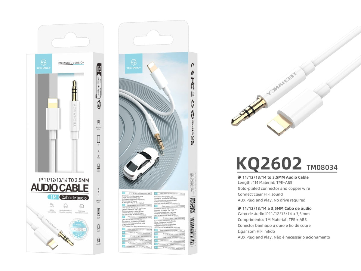 Techancy Cabo Áudio Aux Automotive  KQ2602, Iph8/X/11-14 Para 3,5 Mm, 1 Metro, Qualidade De Som Hifi,Branco-2