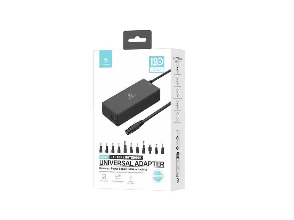 Techancy  Adaptador de energia universal TL7344 para laptops, com potência de 120W, 11 conectores e proteções contra sobrecorrente e sobretensão-1