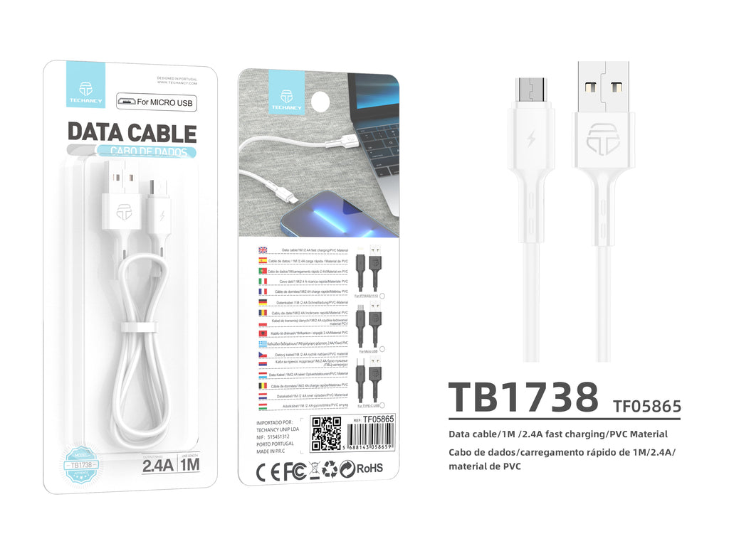 Techancy Cabo De Dados Usb-Micro, TB1738 1M, Carregamento Rápido 2,4A, Transferência De Dados, Branco-3