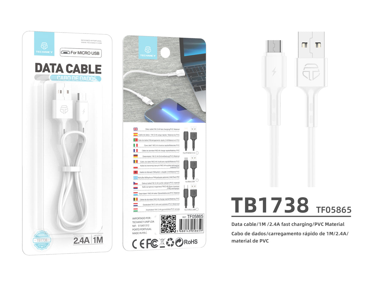 Techancy Cabo De Dados Usb-Micro, TB1738 1M, Carregamento Rápido 2,4A, Transferência De Dados, Branco-3