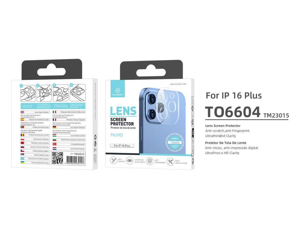 Techancy Protetor de Lente  para iPhone 16 Plus TO6604, 9H Anti-riscos, Anti-digital, Ultrafino e HD, Fácil de Instalar-2