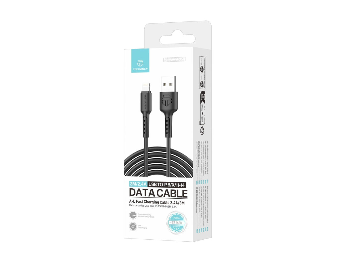 Techancy Cabo De Dados Preto TB1628, Cabo De Carregamento Rápido Usb Para Lightning, 3 M/2,4 A, Compatível Com Iphone/Ipad-2