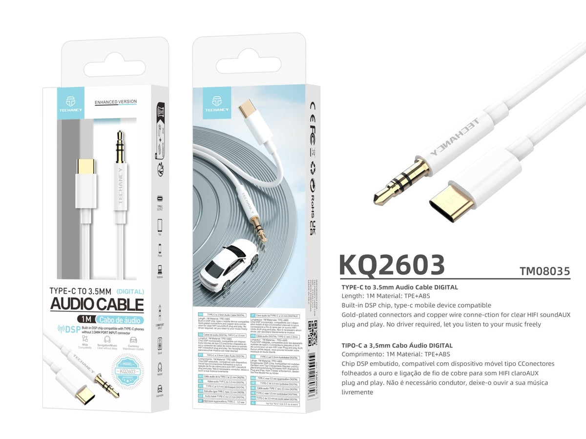 Techancy Automotive Aux Audio Cable  KQ2602, Tipo-C Para 3,5 Mm, 1 Metro, Qualidade De Som Hifi,Branco-2