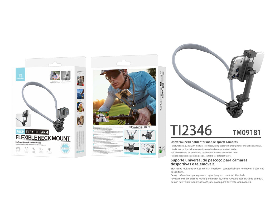 Techancy Suporte de Pescoco para Camaras e Telemoveis TI2346 com Braco Flexivel 70cm, Maos Livres, Cinzento