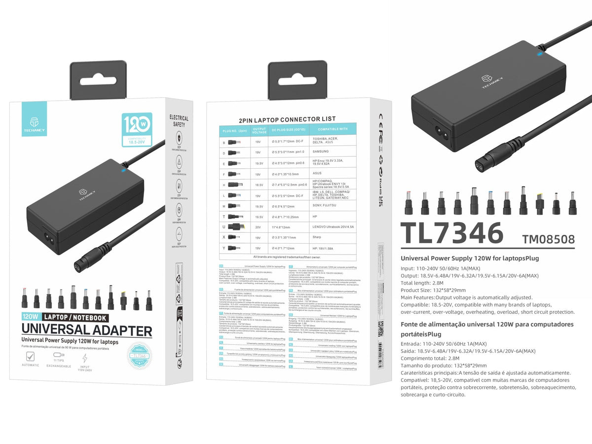 Techancy  Adaptador de energia universal TL7344 para laptops, com potência de 120W, 11 conectores e proteções contra sobrecorrente e sobretensão-3