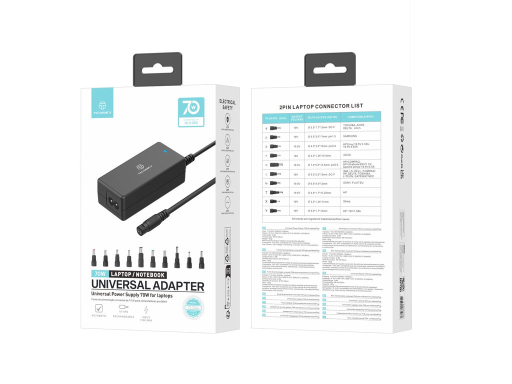 Techancy  Adaptador de energia universal TL7344 para laptops, com potência de 70W, 10 conectores e proteções contra sobrecorrente e sobretensão-2