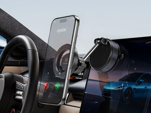 Techancy magnetic car mount TI2348 with a vacuum suction base, holding an iPhone, featuring an adjustable aluminum arm.