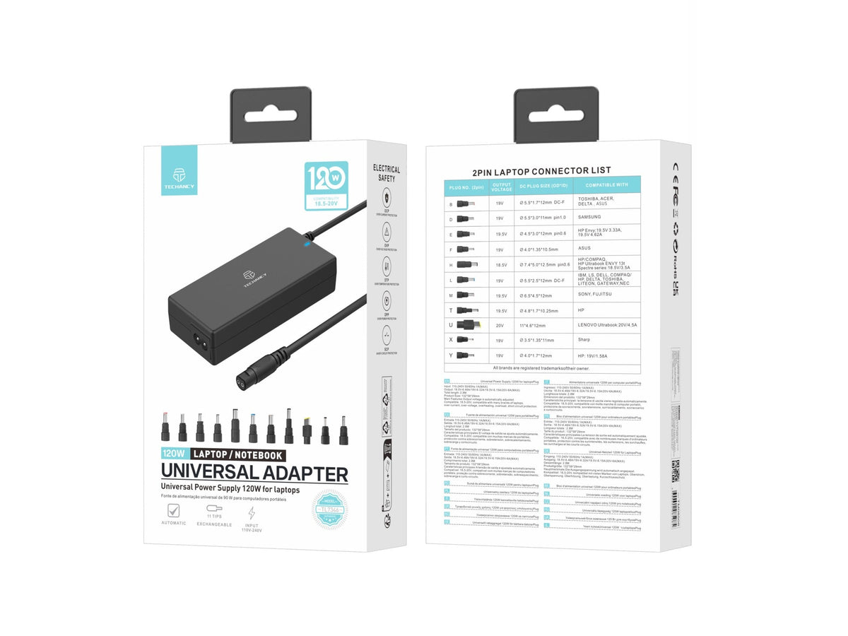 Techancy  Adaptador de energia universal TL7344 para laptops, com potência de 120W, 11 conectores e proteções contra sobrecorrente e sobretensão-2