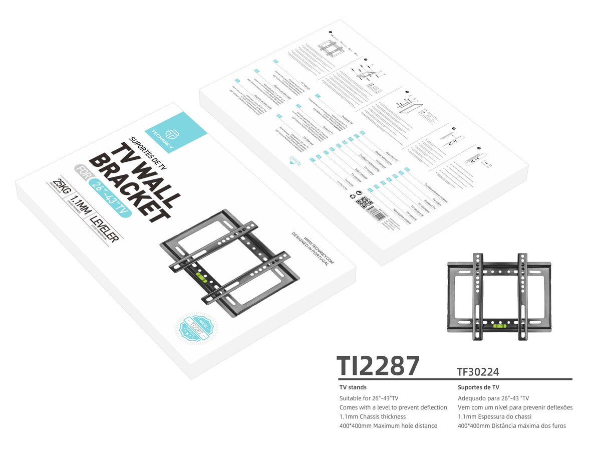 Suporte de parede para TV Techancy, 25 kg, TI2287, compatível com TVs de 26 a 43 polegadas, preto-3
