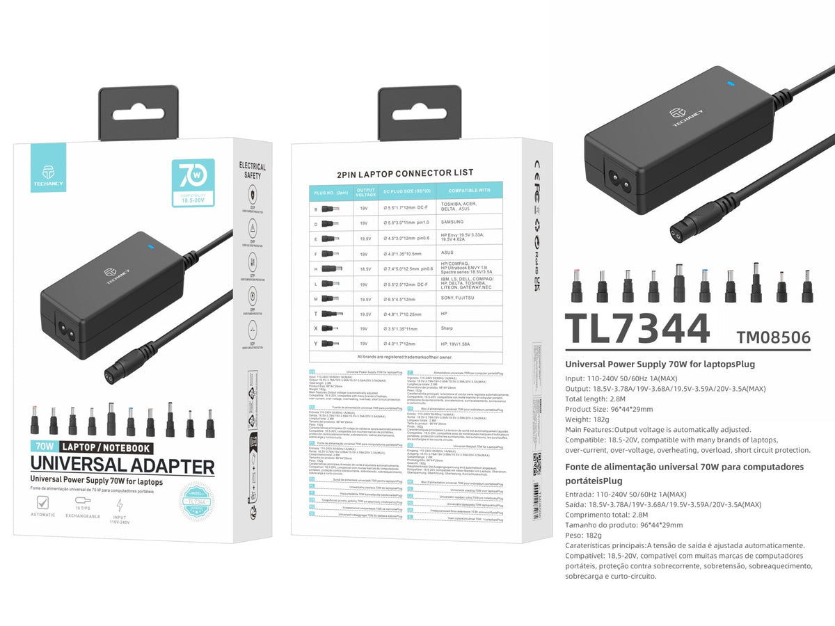 Techancy  Adaptador de energia universal TL7344 para laptops, com potência de 70W, 10 conectores e proteções contra sobrecorrente e sobretensão-3