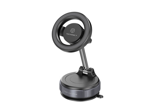 Black TECHANCY magnetic car mount with a strong suction base, adjustable aluminum arm, and circular magnet holder.