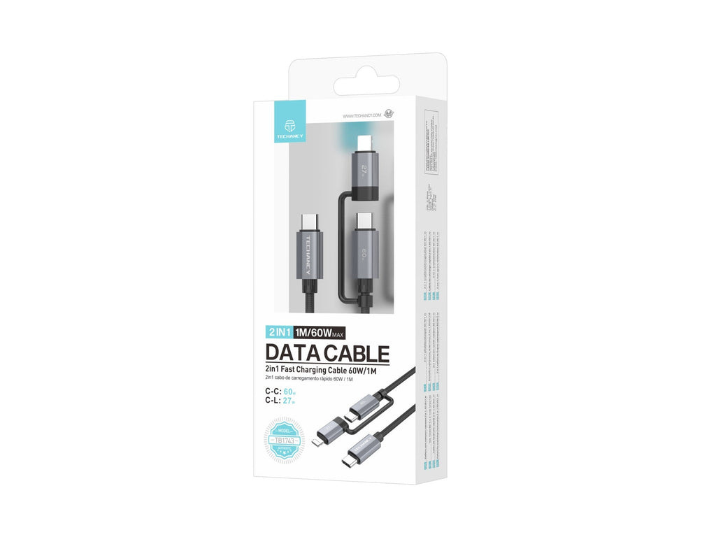 Techancy Cabo de carregamento rápido 2 em 1 TB1743 1m USB-C para USB-C 60W e USB-C para Lightning 27W cabo durável para vários dispositivos-3