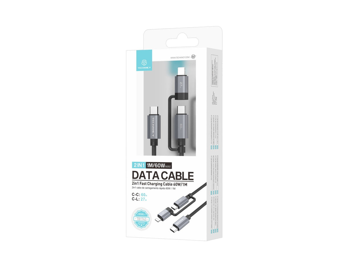 Techancy Cabo de carregamento rápido 2 em 1 TB1743 1m USB-C para USB-C 60W e USB-C para Lightning 27W cabo durável para vários dispositivos-3