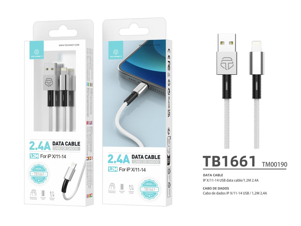 Techancy Cabo De Dados Usb-Lightning Branco TB1717, Carregamento Rápido De 2,4 A, Liga De Alumínio + Entrançado 1,2 M-3