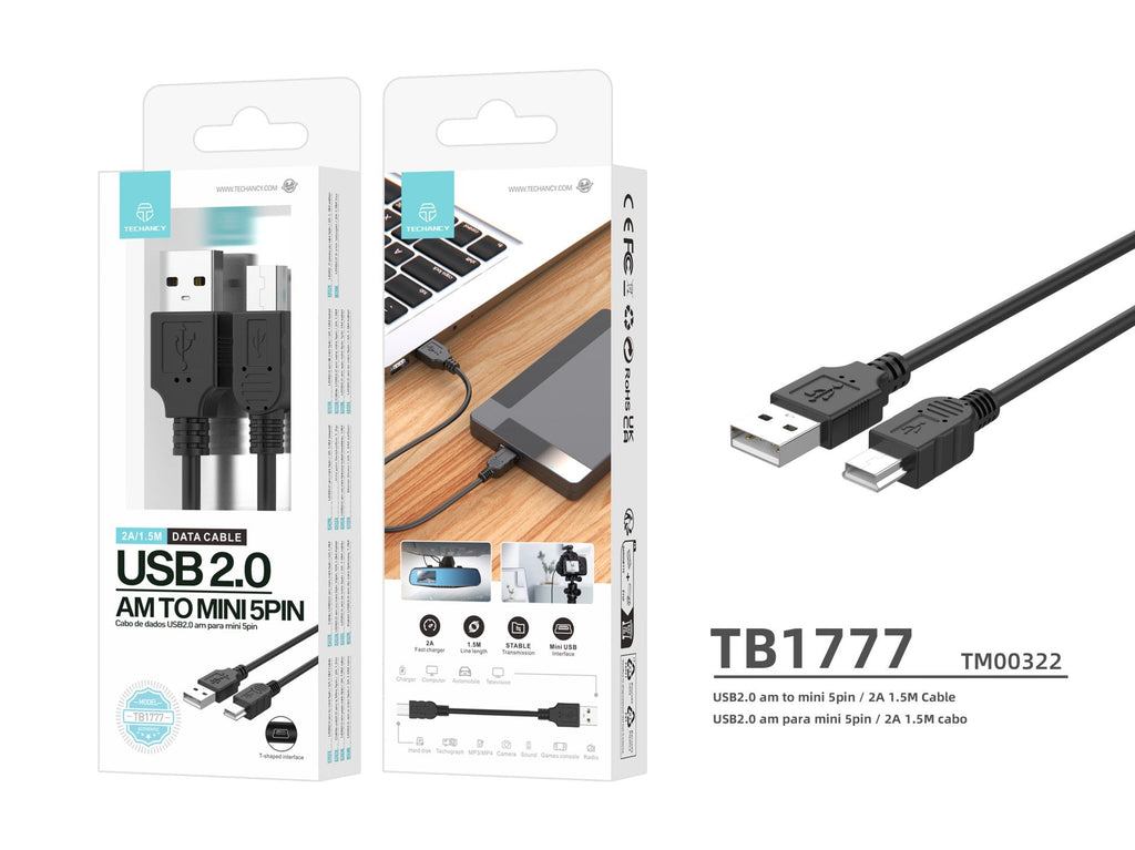 Techancy Cabo De Dados Usb Am Para Mini 5pin 1.5m Preto TB1777, Compatível Com Disco Rígido, Gravador De Automóvel, Utilização De Câmara-2