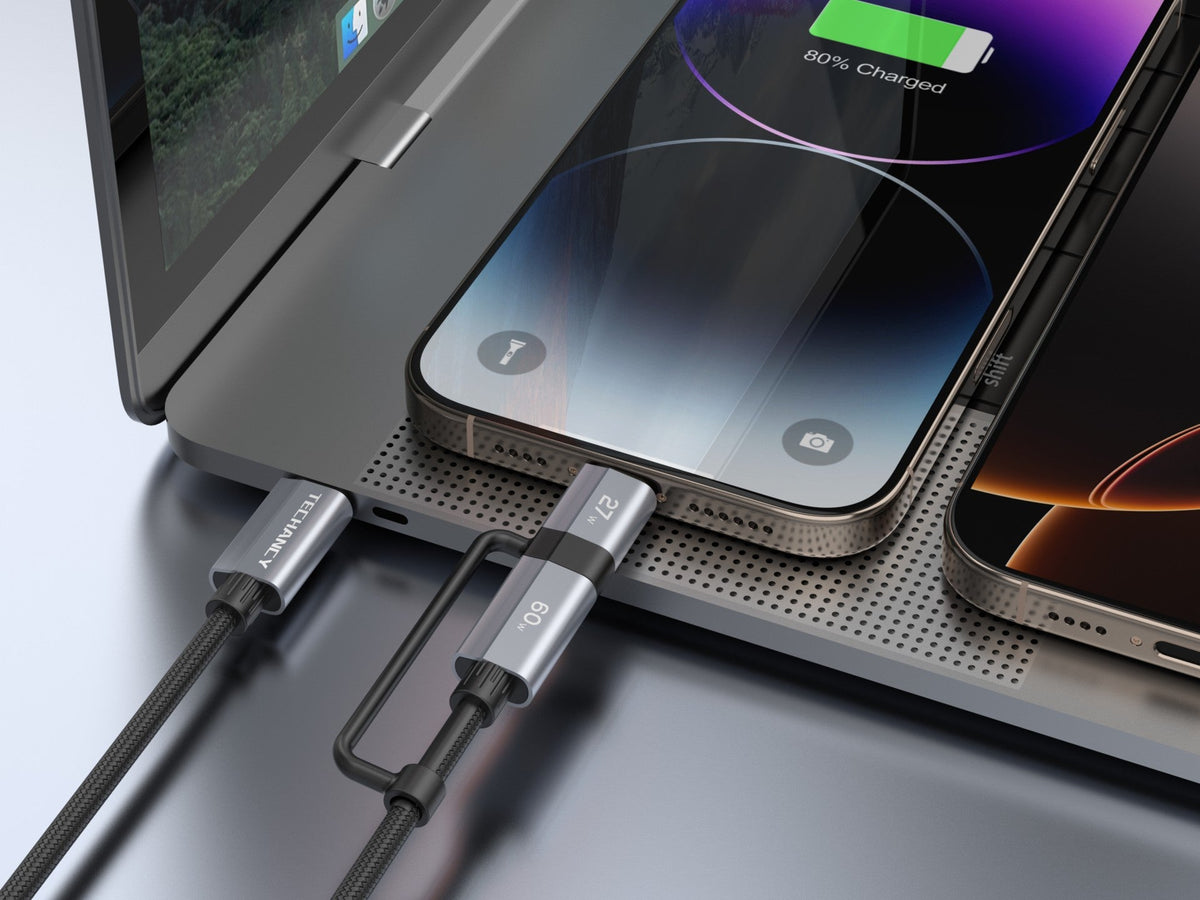 Techancy Cabo de carregamento rápido 2 em 1 TB1743 1m USB-C para USB-C 60W e USB-C para Lightning 27W cabo durável para vários dispositivos-2