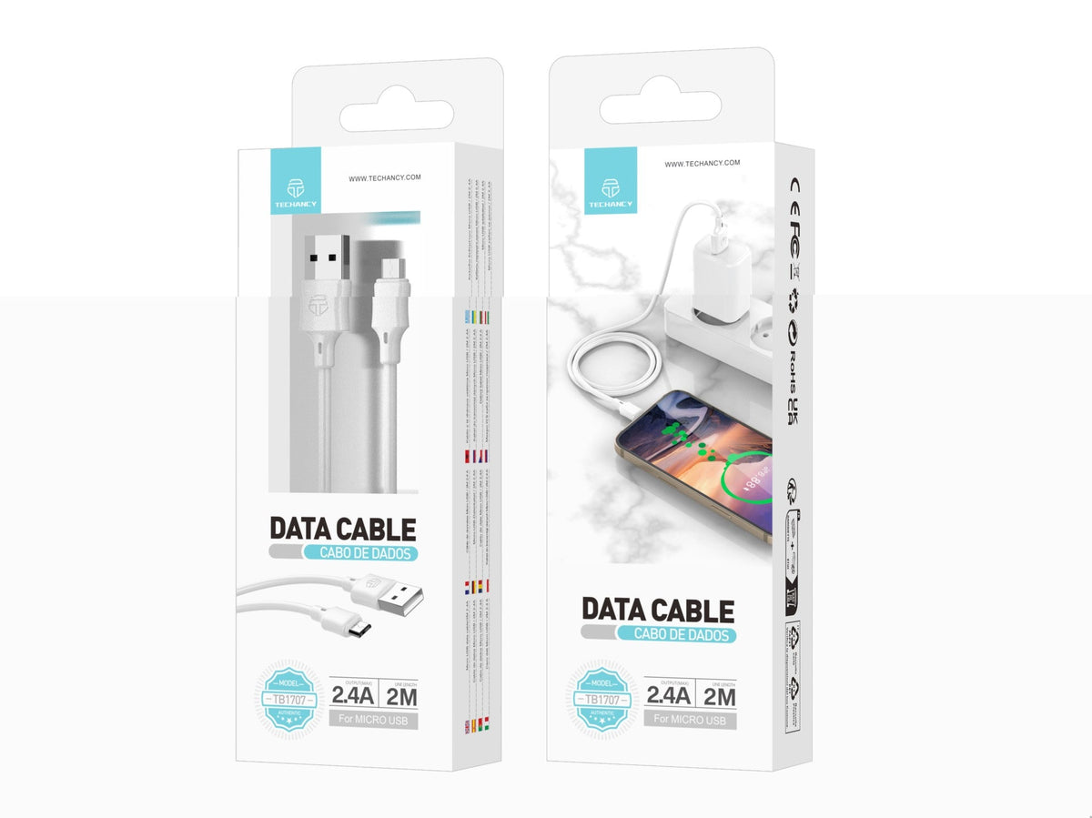 Techancy Cabo De Dados Usb-Micro Branco TB1707, 2 M De Comprimento, 2,4 A De Carregamento, Compatível Com Microdispositivos-1