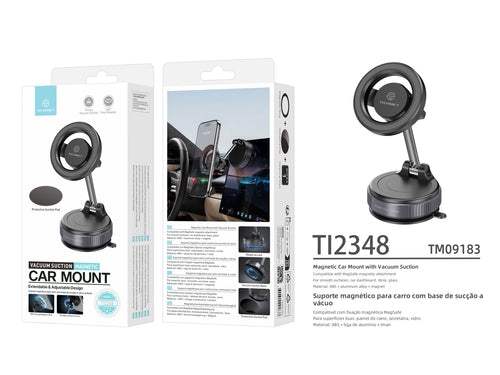 Magnetic car mount with a vacuum suction base, featuring a metallic arm and a strong magnetic holder for devices.