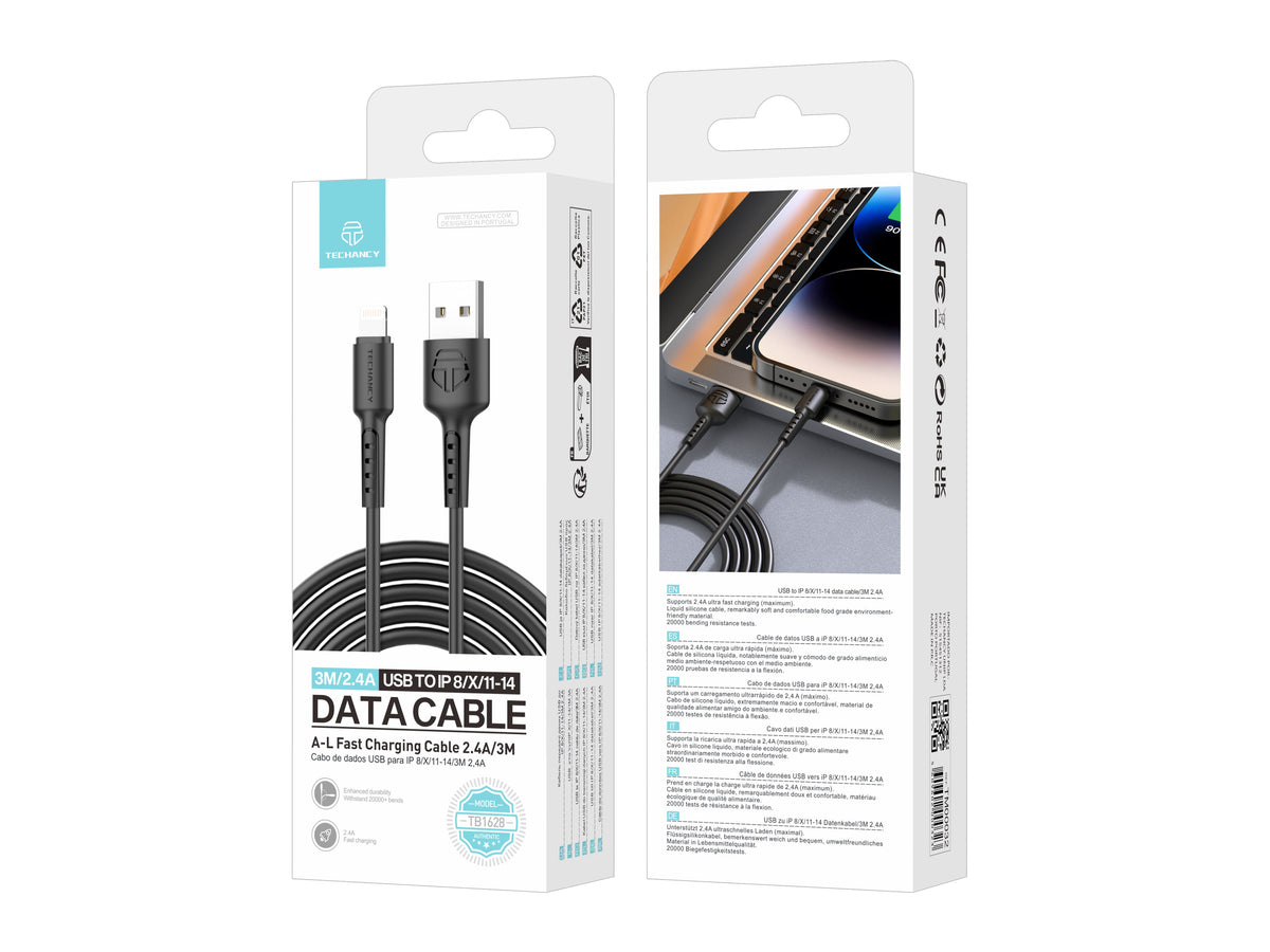 Techancy Cabo De Dados Preto TB1628, Cabo De Carregamento Rápido Usb Para Lightning, 3 M/2,4 A, Compatível Com Iphone/Ipad-3