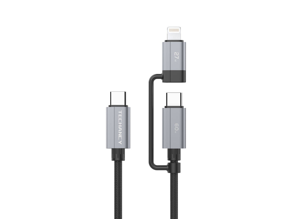 Techancy Cabo de carregamento rápido 2 em 1 TB1743 1m USB-C para USB-C 60W e USB-C para Lightning 27W cabo durável para vários dispositivos-0