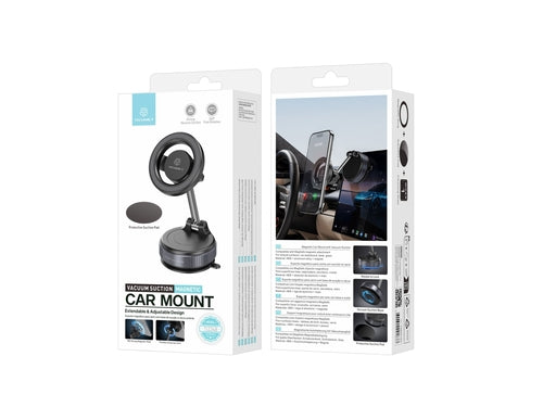 Techancy magnetic car mount with suction cup, featuring a round design and adjustable arm for secure smartphone placement.