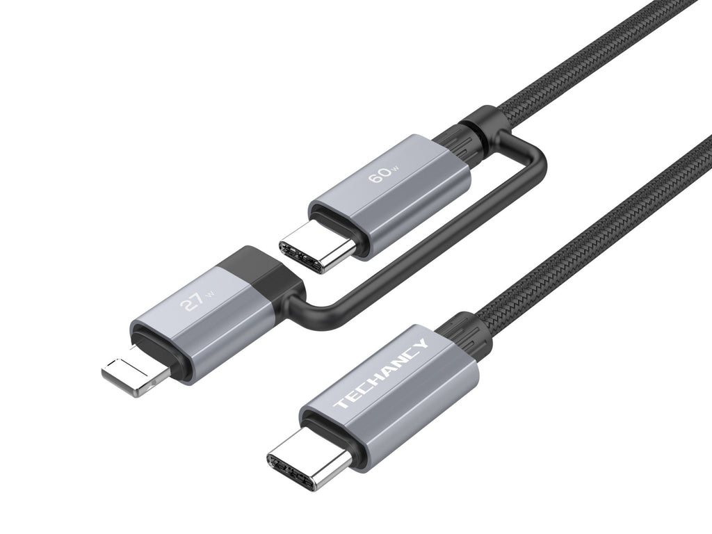 Techancy Cabo de carregamento rápido 2 em 1 TB1743 1m USB-C para USB-C 60W e USB-C para Lightning 27W cabo durável para vários dispositivos-1