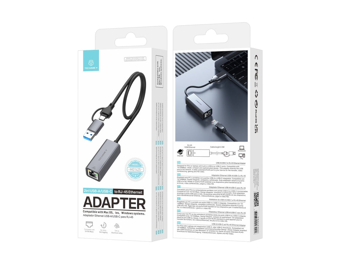 Techancy Adaptador Ethernet  USB-A/USB-C para RJ-45 MG1425 , compatível com Mac OS, iOS, sistemas Windows, 10/100 Mbps-4