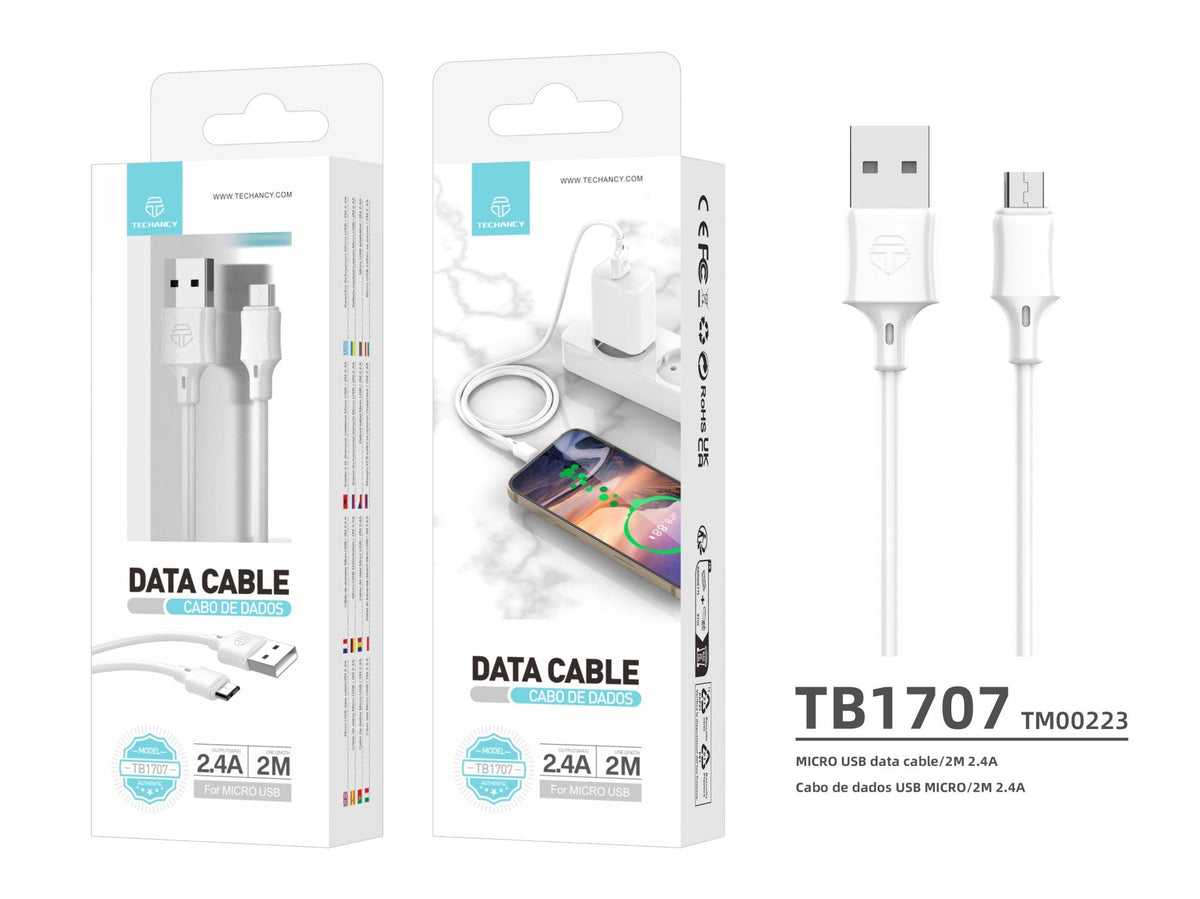 Techancy Cabo De Dados Usb-Micro Branco TB1707, 2 M De Comprimento, 2,4 A De Carregamento, Compatível Com Microdispositivos-2