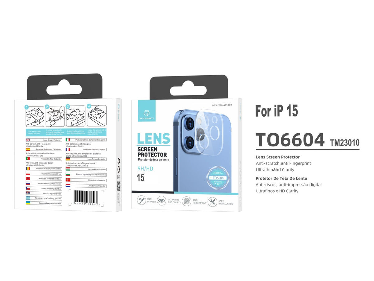 Techancy Protetor de Lente  para iPhone 15 TO6604, 9H Anti-riscos, Anti-digital, Ultrafino e HD, Fácil de Instalar-2