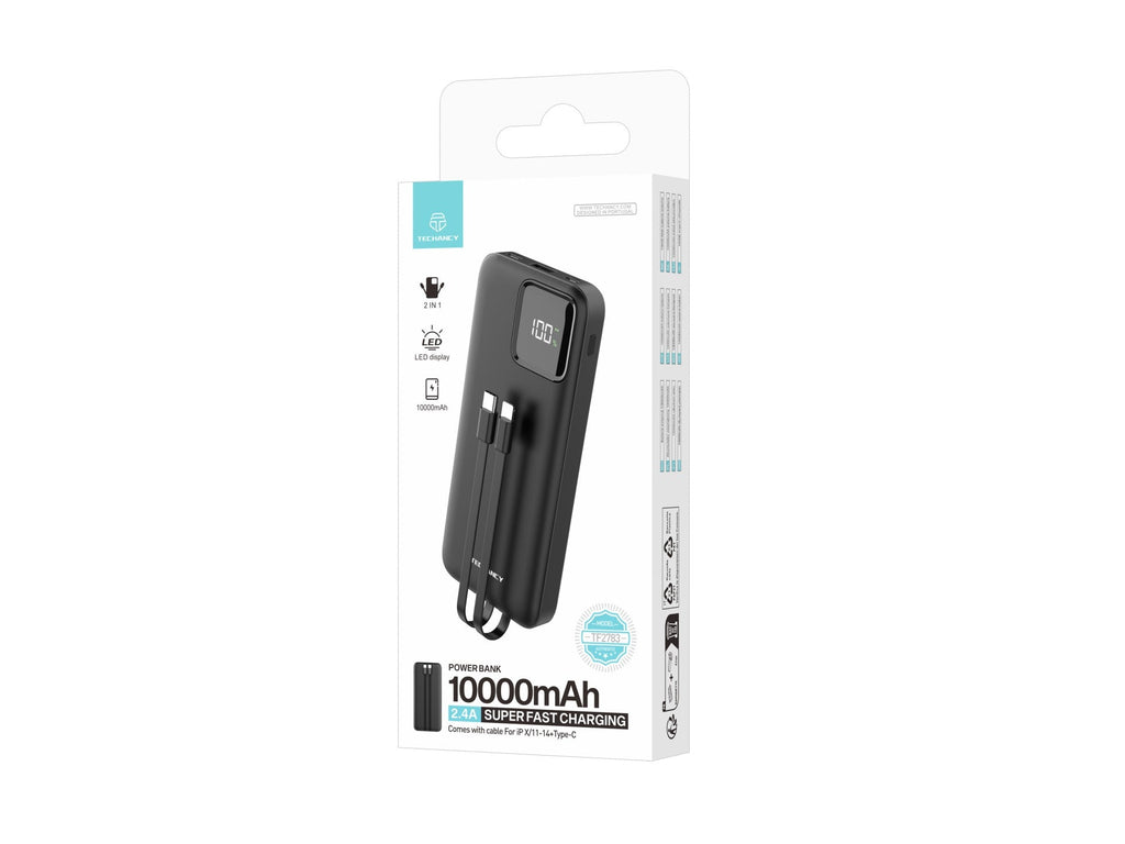 Techancy Mobile Power 10000mah 2.4a Charging TF2783, Cabo De Carregamento 2 Em 1 Usb C+Ip, Ecrã Digital De Energia, Preto-4