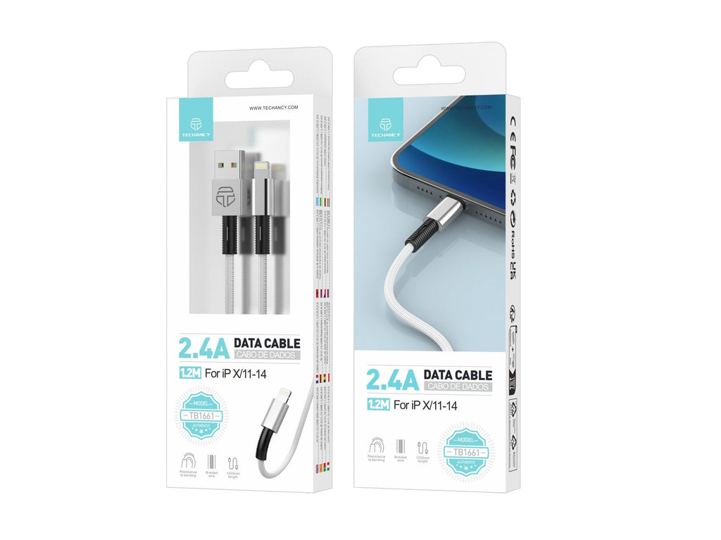 Techancy Cabo De Dados Usb-Lightning Branco TB1717, Carregamento Rápido De 2,4 A, Liga De Alumínio + Entrançado 1,2 M-2