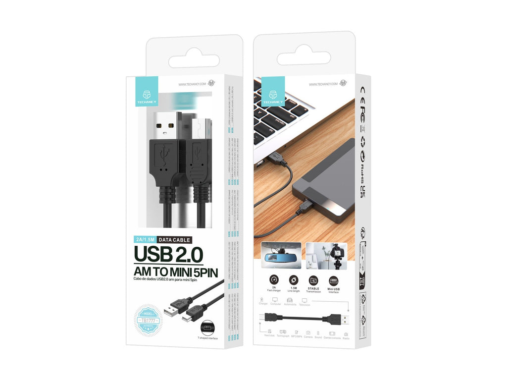 Techancy Cabo De Dados Usb Am Para Mini 5pin 1.5m Preto TB1777, Compatível Com Disco Rígido, Gravador De Automóvel, Utilização De Câmara-1