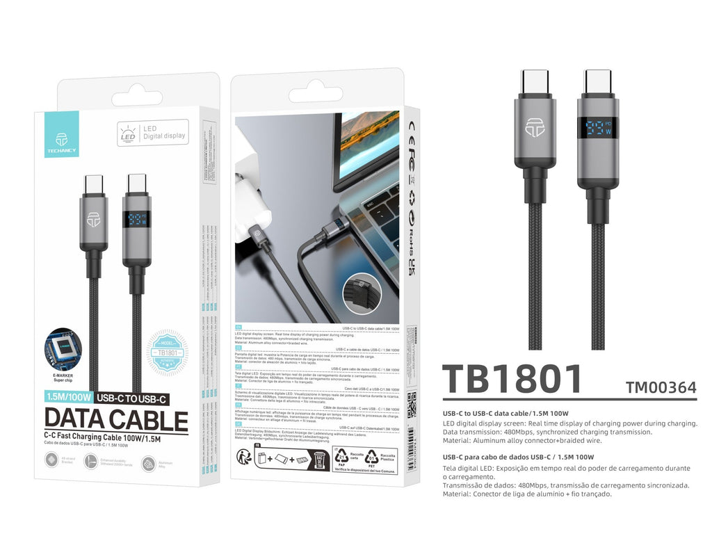 Techancy Cabo USB-C para USB-C TB1801, 100W, 1.5m Preto, Tela LED de Potência, Conector de AlumInio, Fio Trancado-4