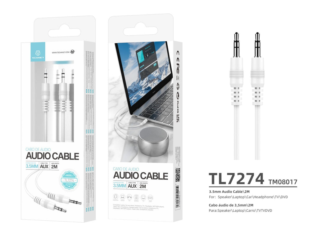 Techancy Cabo De Áudio De 3,5 Mm Branco  TL7274, 2 Metro, Para Colunas, Computadores, Automóveis, Auscultadores E Dvds, Etc.-2