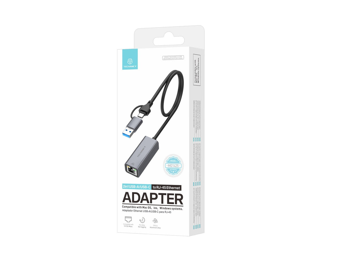 Techancy Adaptador Ethernet  USB-A/USB-C para RJ-45 MG1425 , compatível com Mac OS, iOS, sistemas Windows, 10/100 Mbps-3