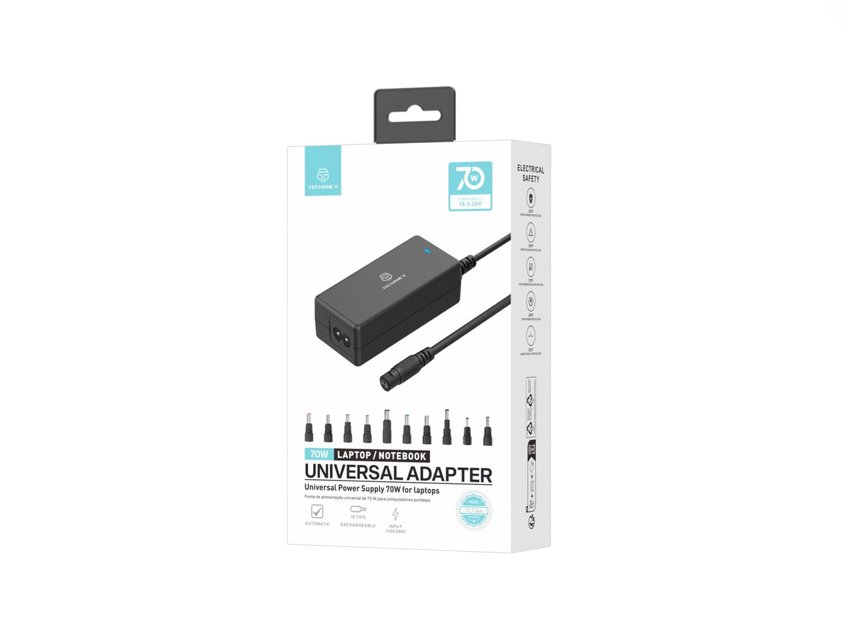 Techancy  Adaptador de energia universal TL7344 para laptops, com potência de 70W, 10 conectores e proteções contra sobrecorrente e sobretensão-1