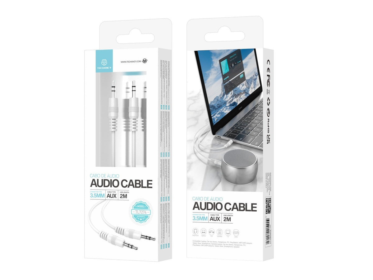 Techancy Cabo De Áudio De 3,5 Mm Branco  TL7274, 2 Metro, Para Colunas, Computadores, Automóveis, Auscultadores E Dvds, Etc.-1