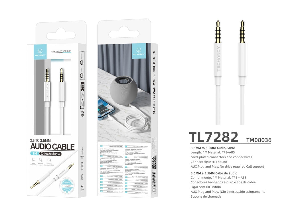 Techancy Cabo de áudio de 3,5MM da TL7282, 1 metro, Plug and Play, para estéreo de carro, estéreo, computador, branco-2