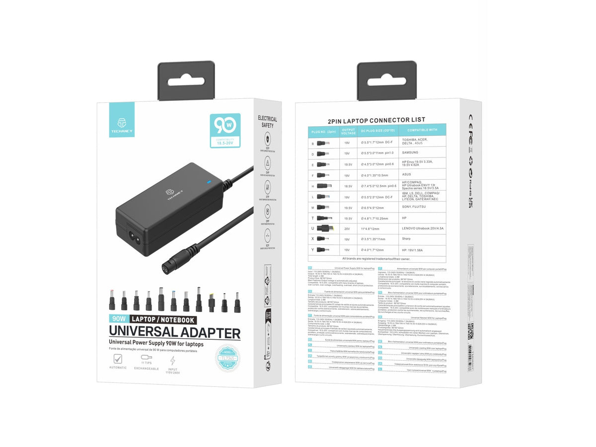 Techancy  Adaptador de energia universal TL7344 para laptops, com potência de 90W, 11 conectores e proteções contra sobrecorrente e sobretensão-2