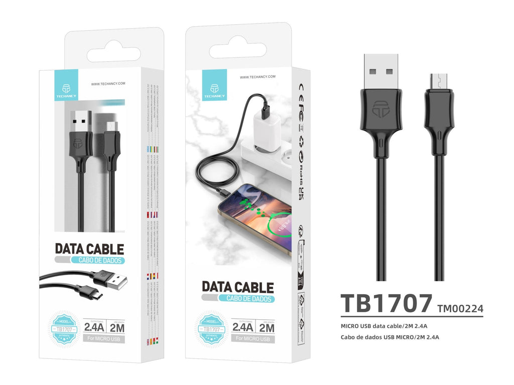 Techancy Cabo De Dados Usb-Micro Preto TB1707, 2 M De Distância, 2,4 A De Carregamento, Compatível Com Microdispositivos-2