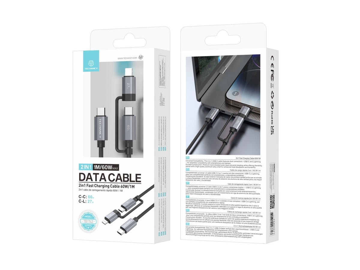 Techancy Cabo de carregamento rápido 2 em 1 TB1743 1m USB-C para USB-C 60W e USB-C para Lightning 27W cabo durável para vários dispositivos-4