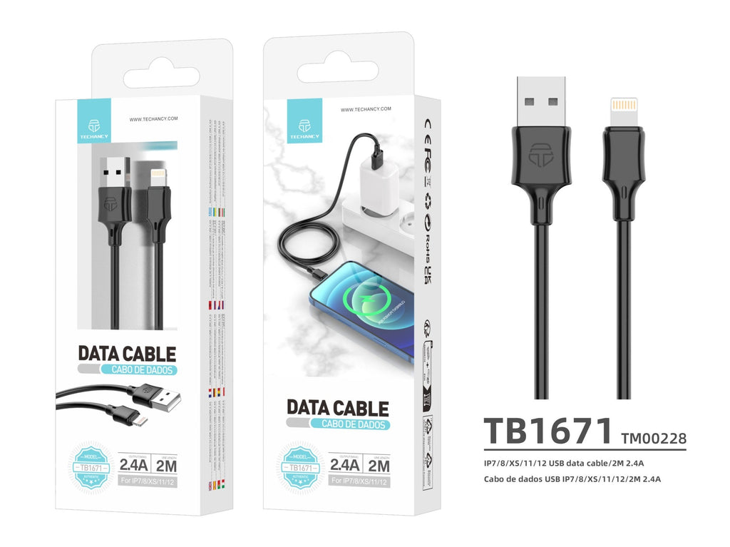 Techancy Cabo De Dados Techancy Usb- Lightning Preto TB1671, 2 Metros De Distância, Carregamento 2.4a, Compatível Com Iphone/Ipad-2