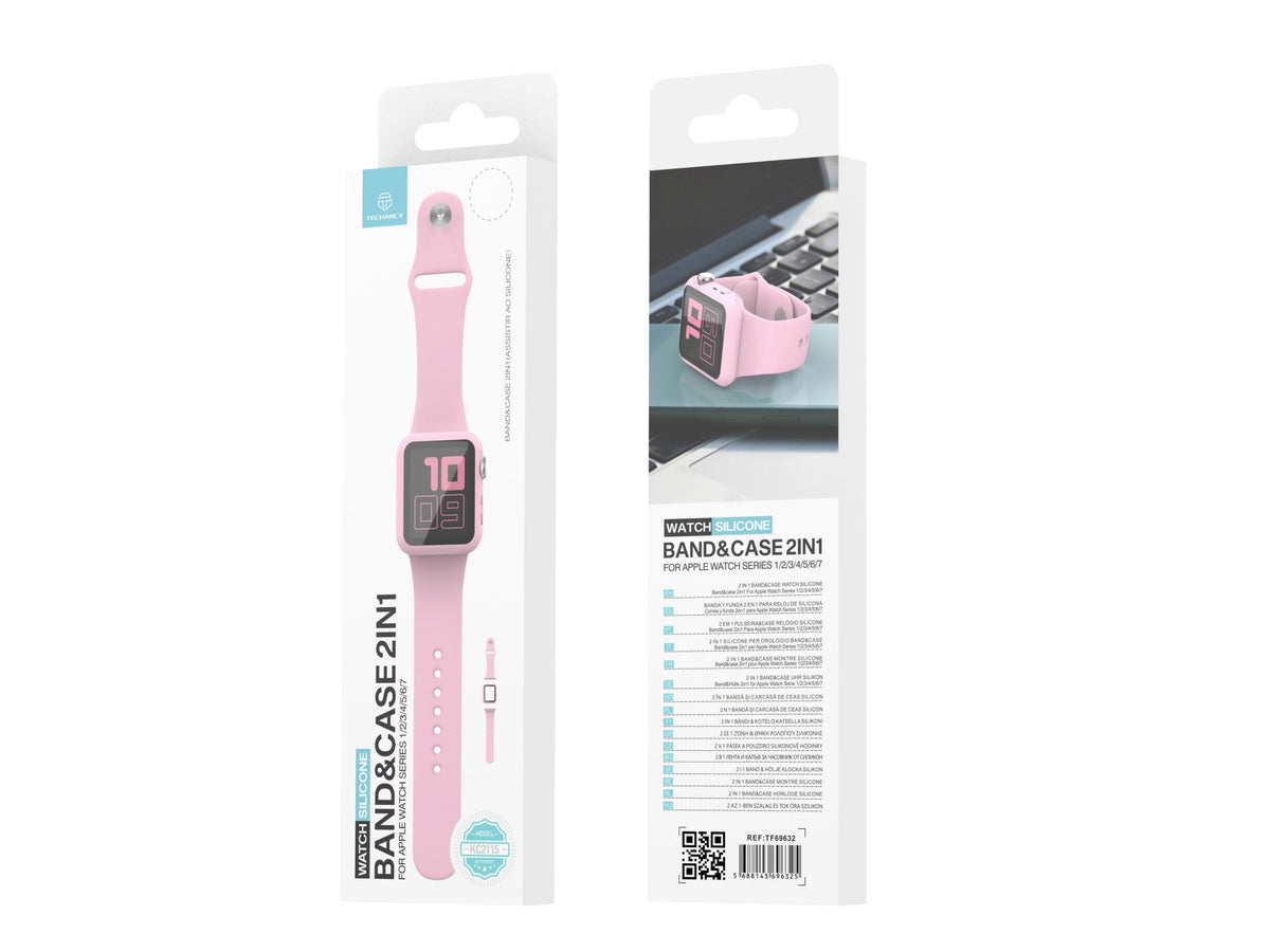 Pulseira de silicone para relógio Techancy, KC2115, pulseira com protetor de ecrã, compatível com Apple Watch 45 mm, rosa-1