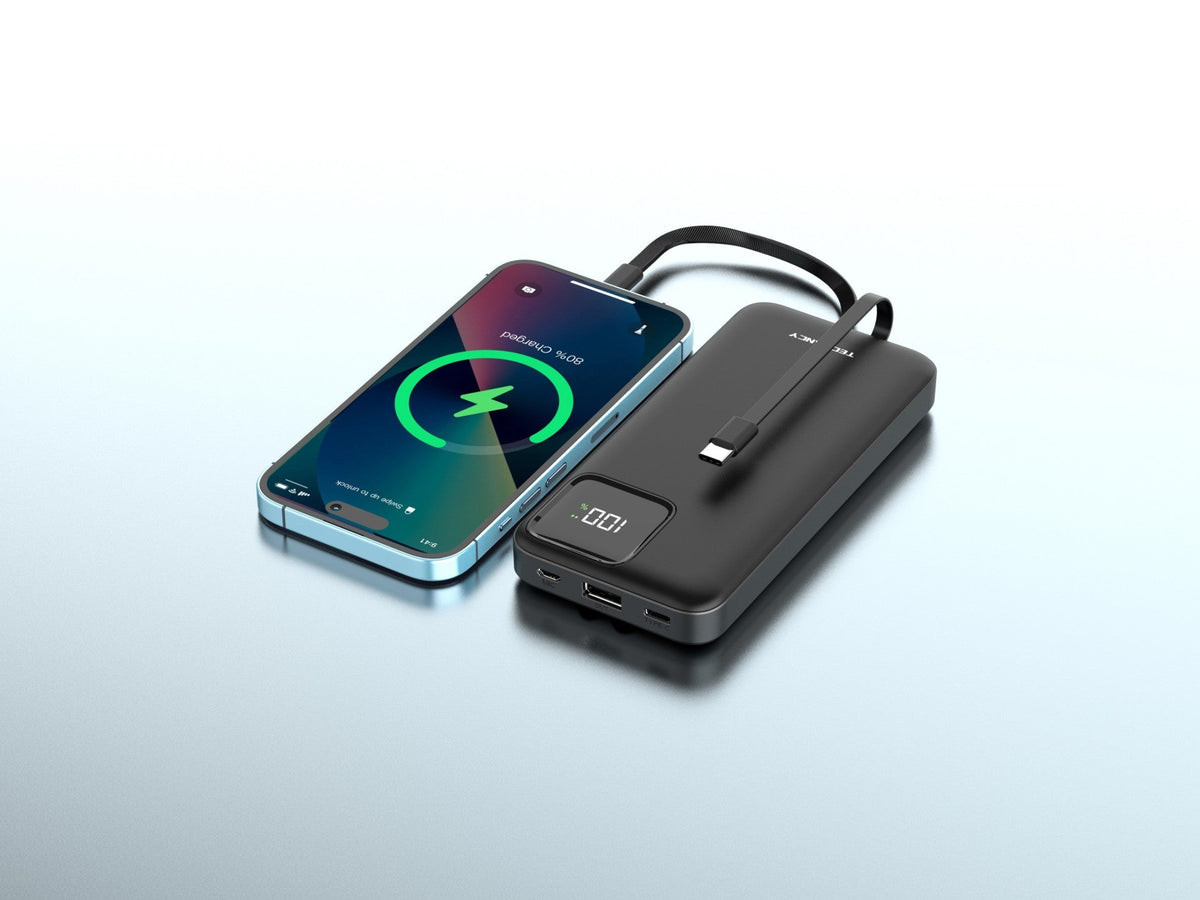 Techancy Mobile Power 10000mah 2.4a Charging TF2783, Cabo De Carregamento 2 Em 1 Usb C+Ip, Ecrã Digital De Energia, Preto-3