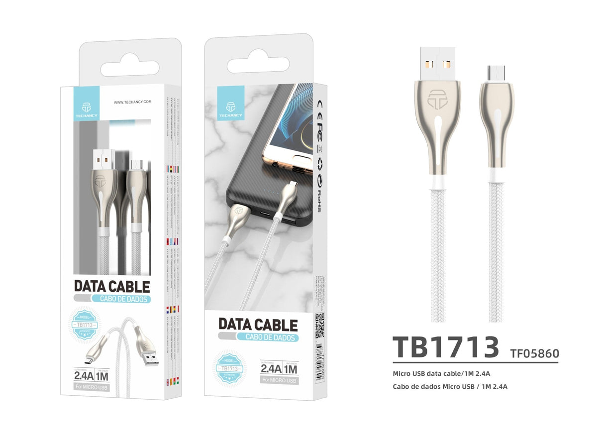 Cabo de dados USB-Micro Metal Techancy, TB1765, 1 m, 2,4 A, cinzento-3