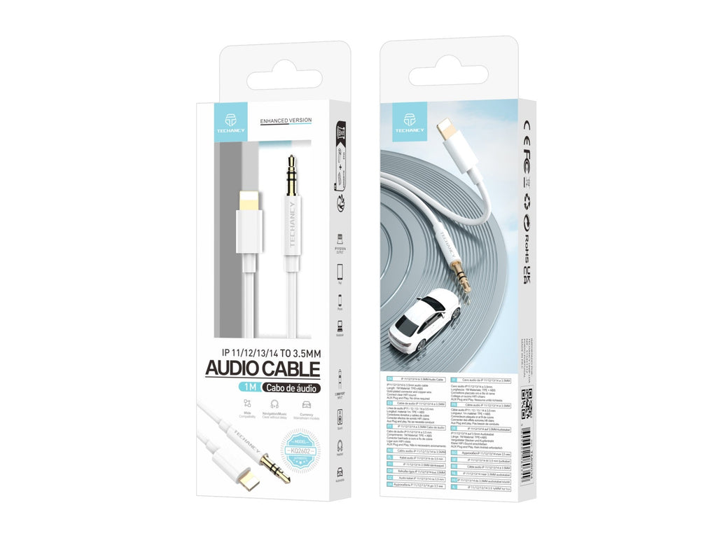 Techancy Cabo Áudio Aux Automotive  KQ2602, Iph8/X/11-14 Para 3,5 Mm, 1 Metro, Qualidade De Som Hifi,Branco-1