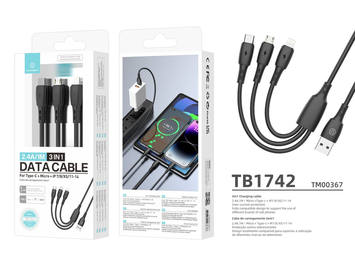 Techancy Cabo 3 em 1 TB1742, 2.4A, 1m Preto, USB-C/Micro/Lightning, CompatIvel com Dispositivos Diversos, Design Resistente-4