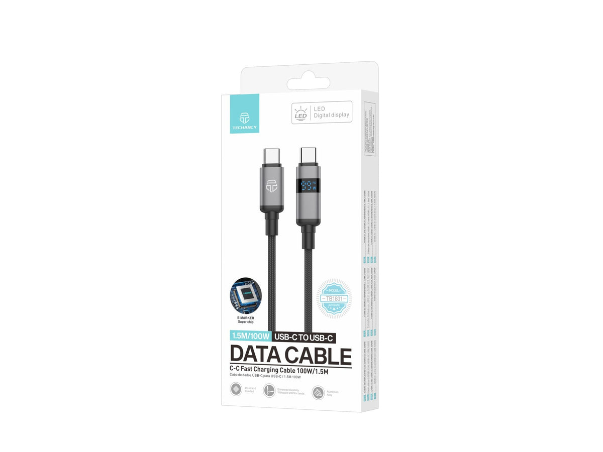Techancy Cabo USB-C para USB-C TB1801, 100W, 1.5m Preto, Tela LED de Potência, Conector de AlumInio, Fio Trancado-2